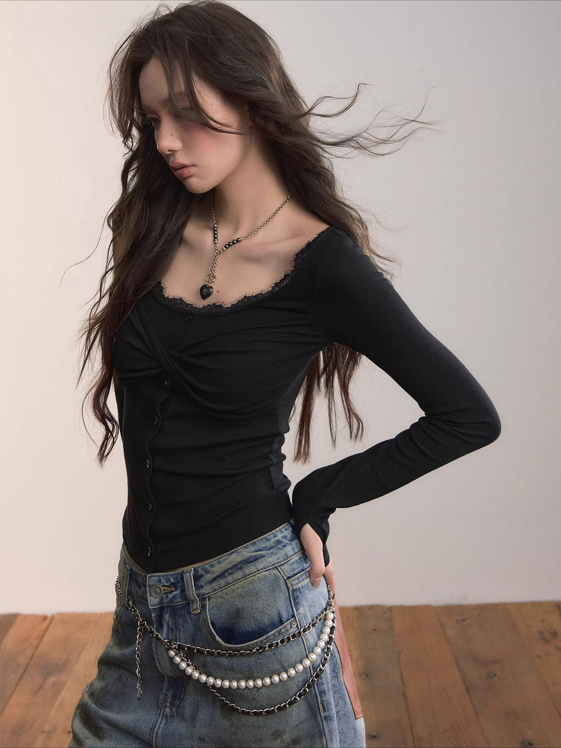 Lace Trim Button-Up Fitted Long Sleeve T-Shirt