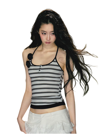Camellia Contrast-Trim Striped Halterneck Cami