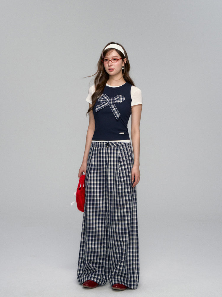 Checkered Bow Contrast Color Short - Sleeve Set