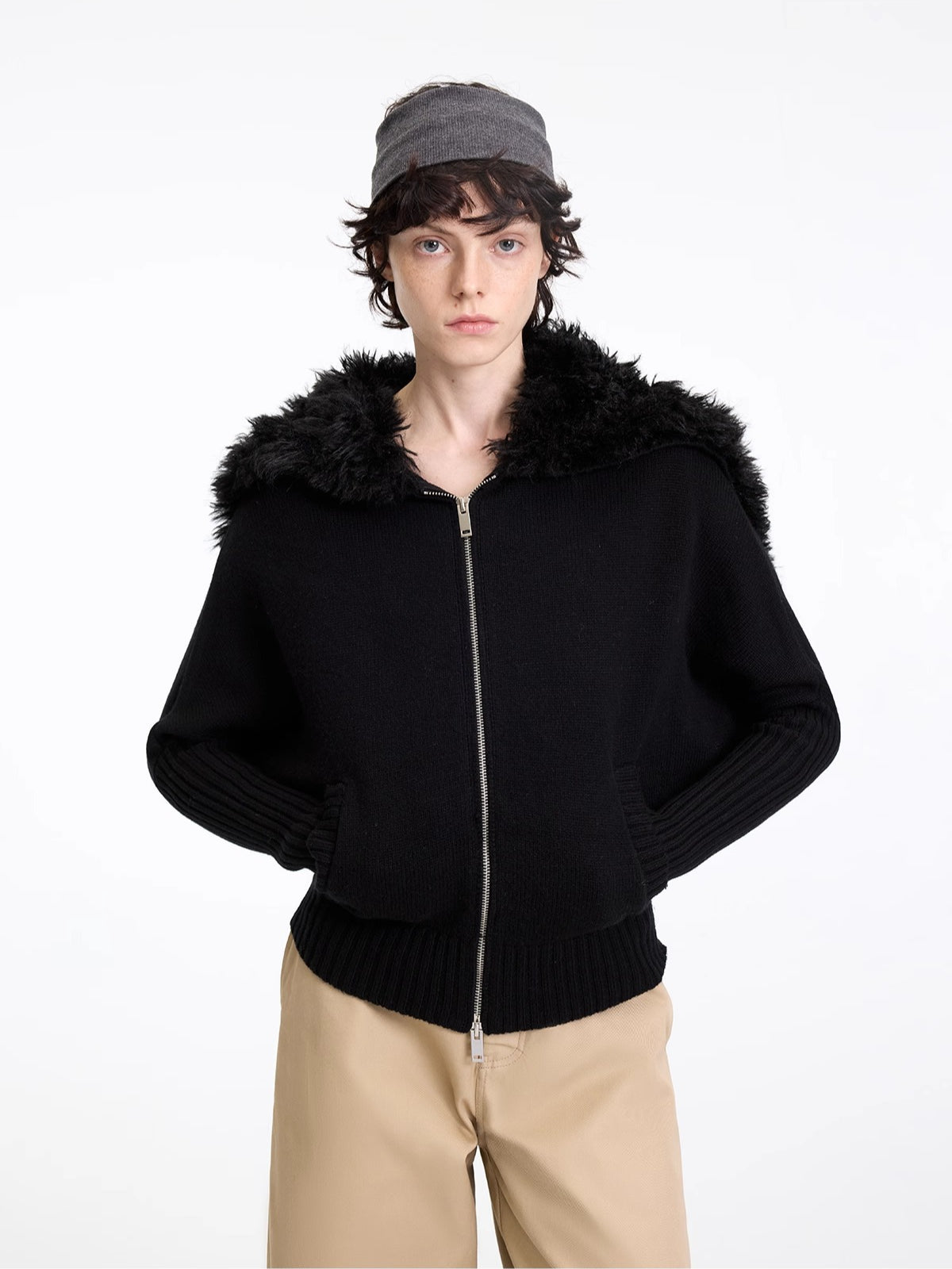 Wool-Blend Hooded Faux Fur Collar Knit Jacket