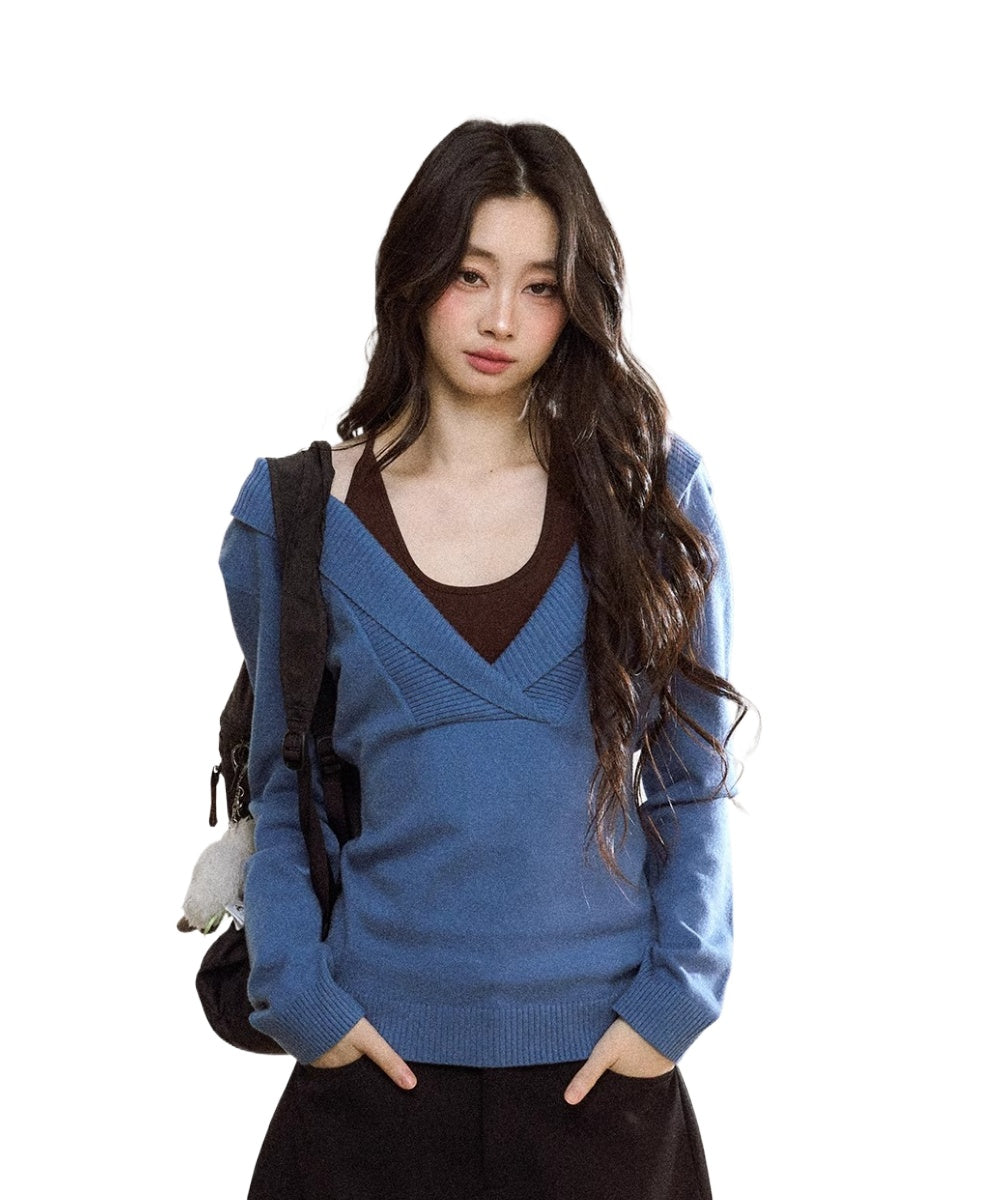 Blue Off-Shoulder Knit Sweater Cardigan