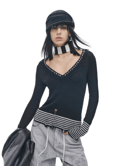 Striped Panel Slim-Fit Wool Knit Top