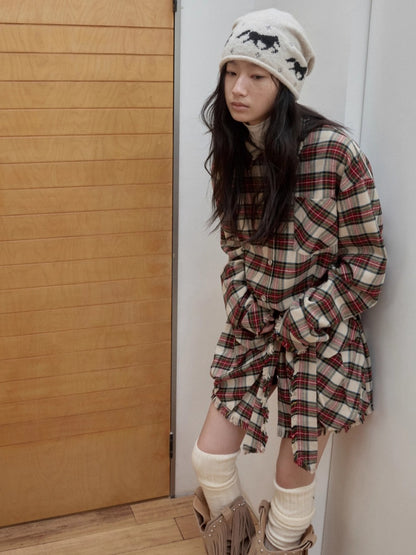 Vintage Red Plaid Frayed-Edge Utility Shirt Dress