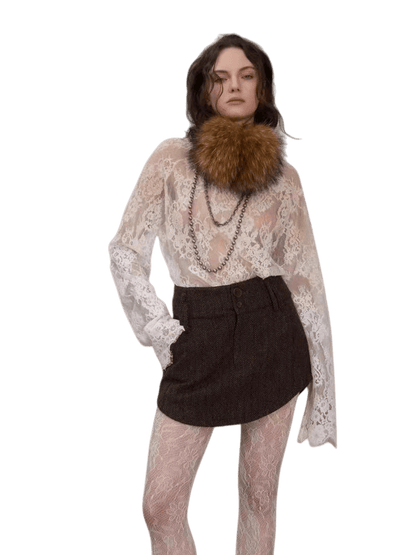 Layered Ribbed Lace-Trim Crewneck T-Shirt