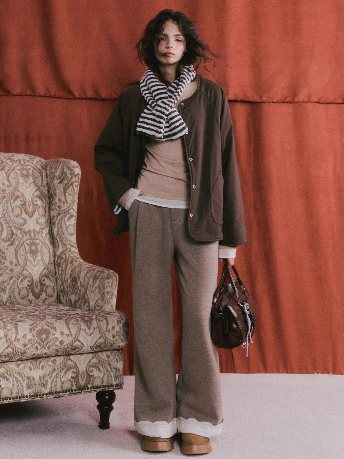 Embroidered Hem Wool Blend Wide-Leg Trousers