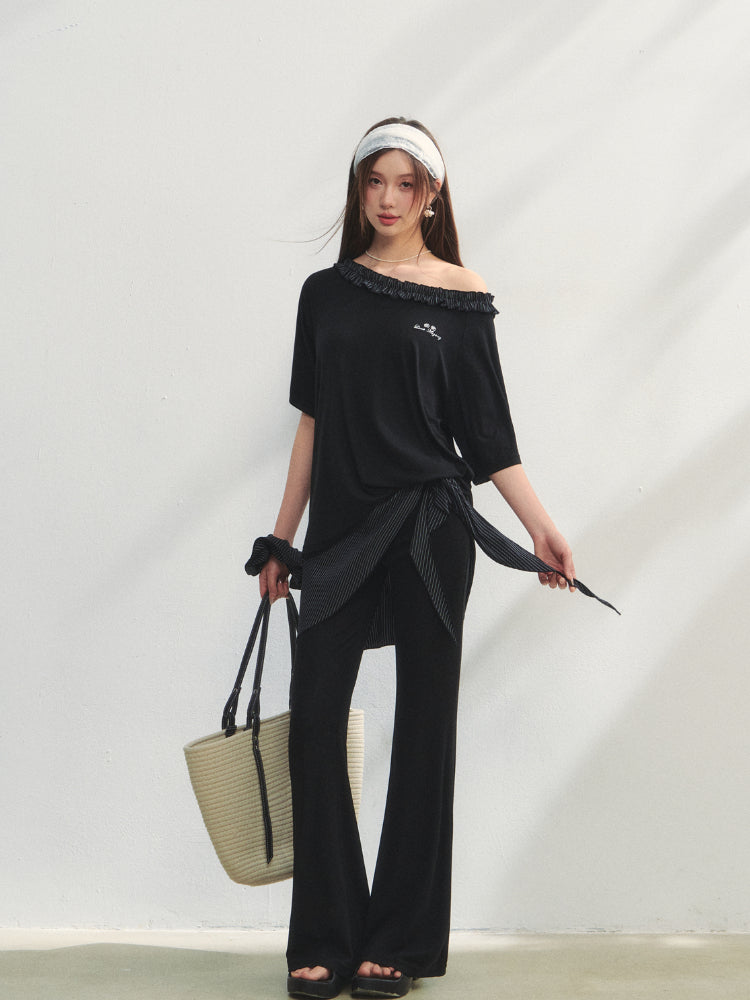 Checkered Asymmetric Shoulder Short-Sleeve T-Shirt &amp; Pants Set - CHINASQUAD