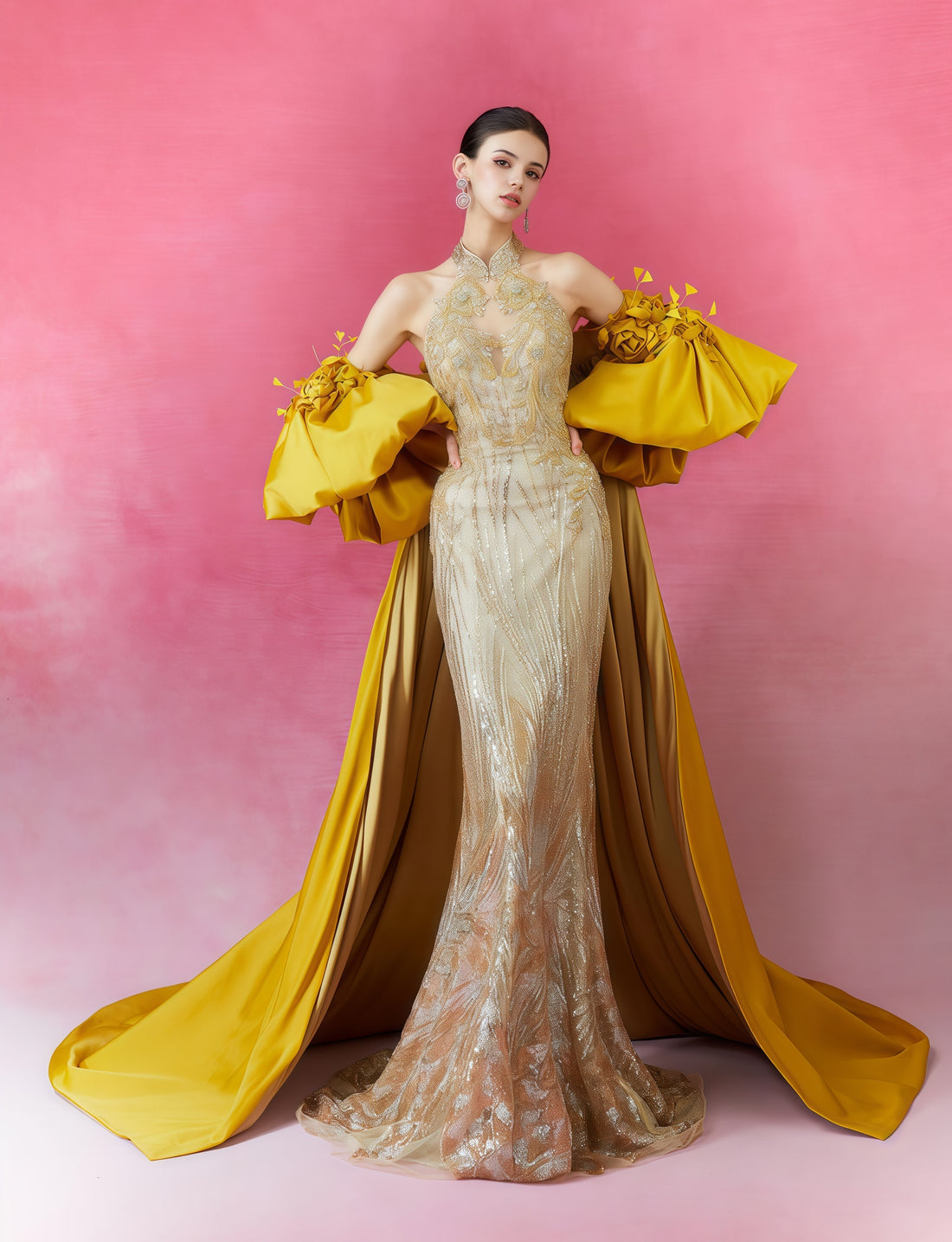 Imperial Gold Embroidered Cape Gown with Sculptural Sleeves