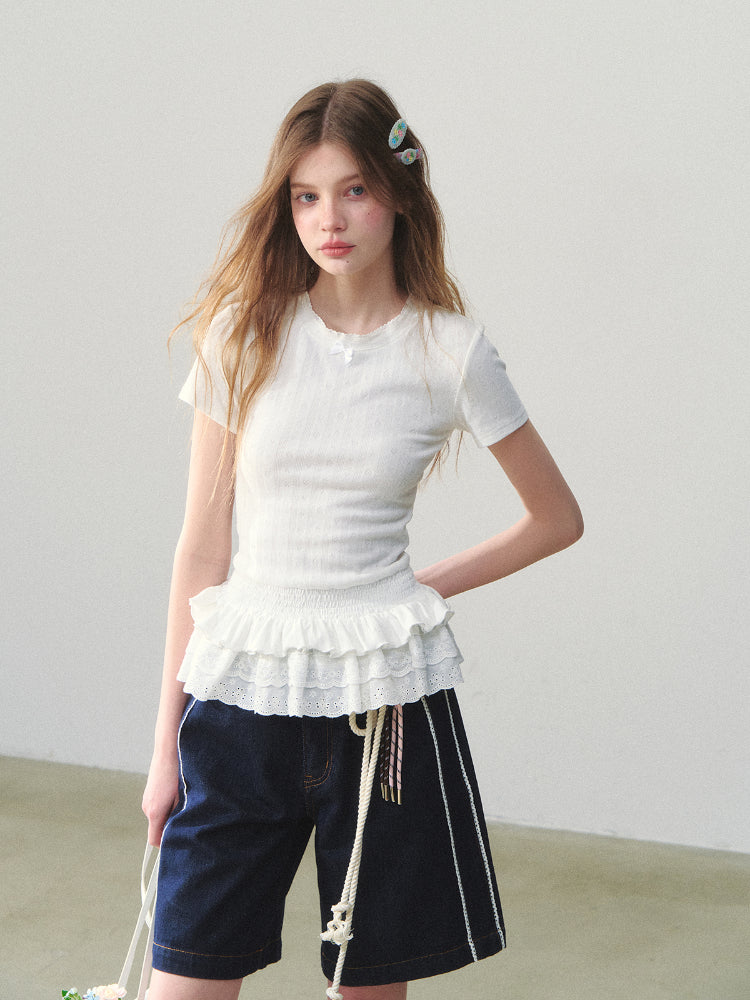 White Lace-hem Short-sleeve T-shirt