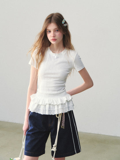White Lace-hem Short-sleeve T-shirt