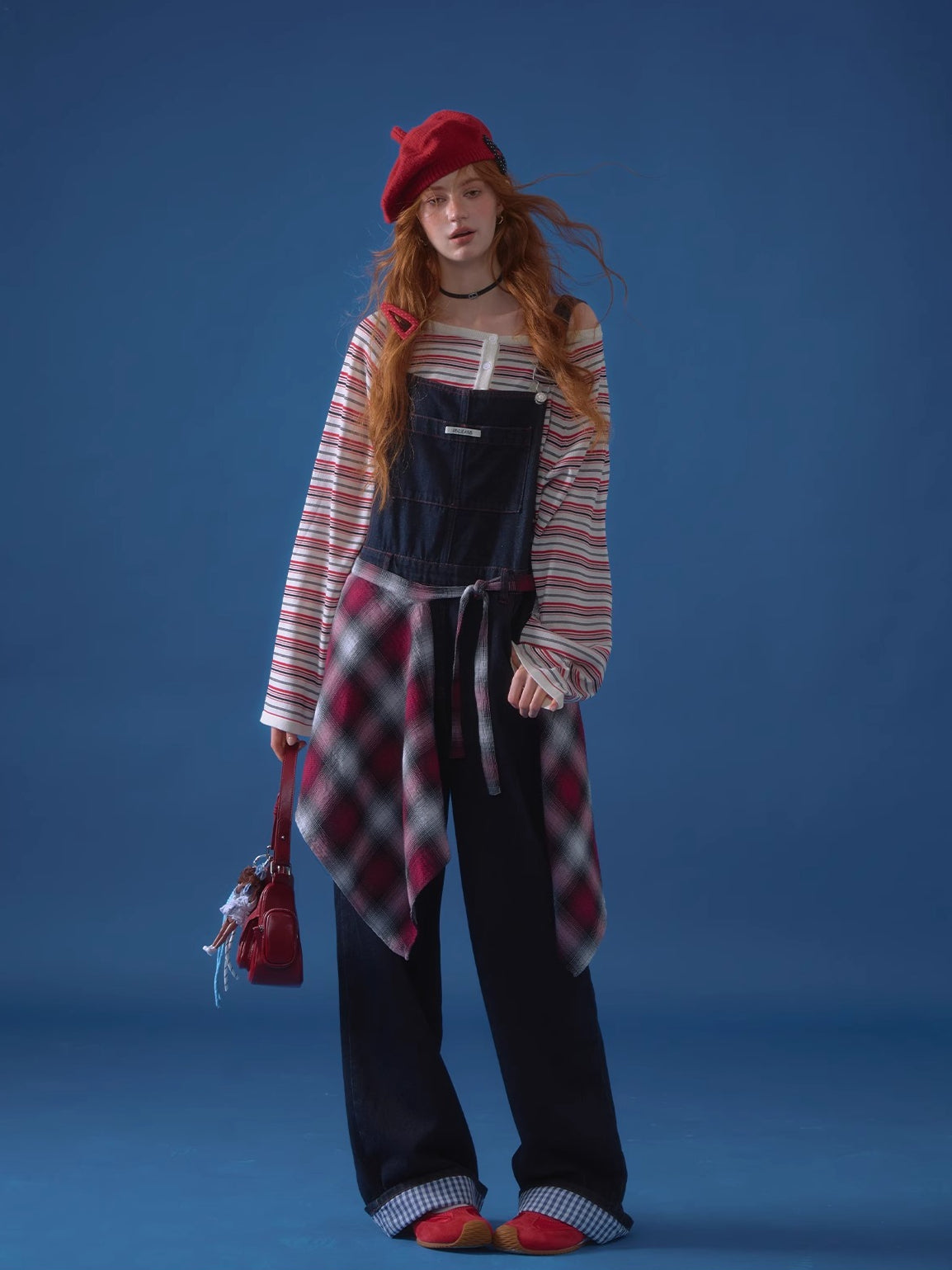 Raw Denim Wide-Leg Overalls with Red Stitching