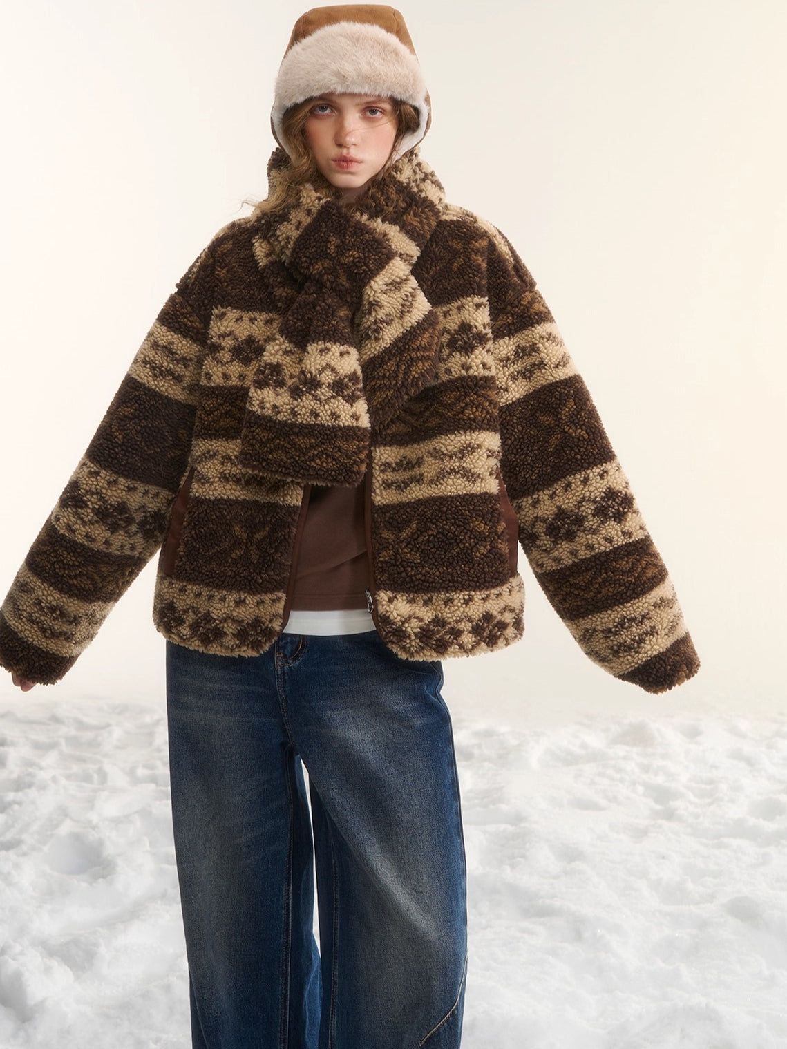 Fleece Stand-Collar Jacket with Scarf