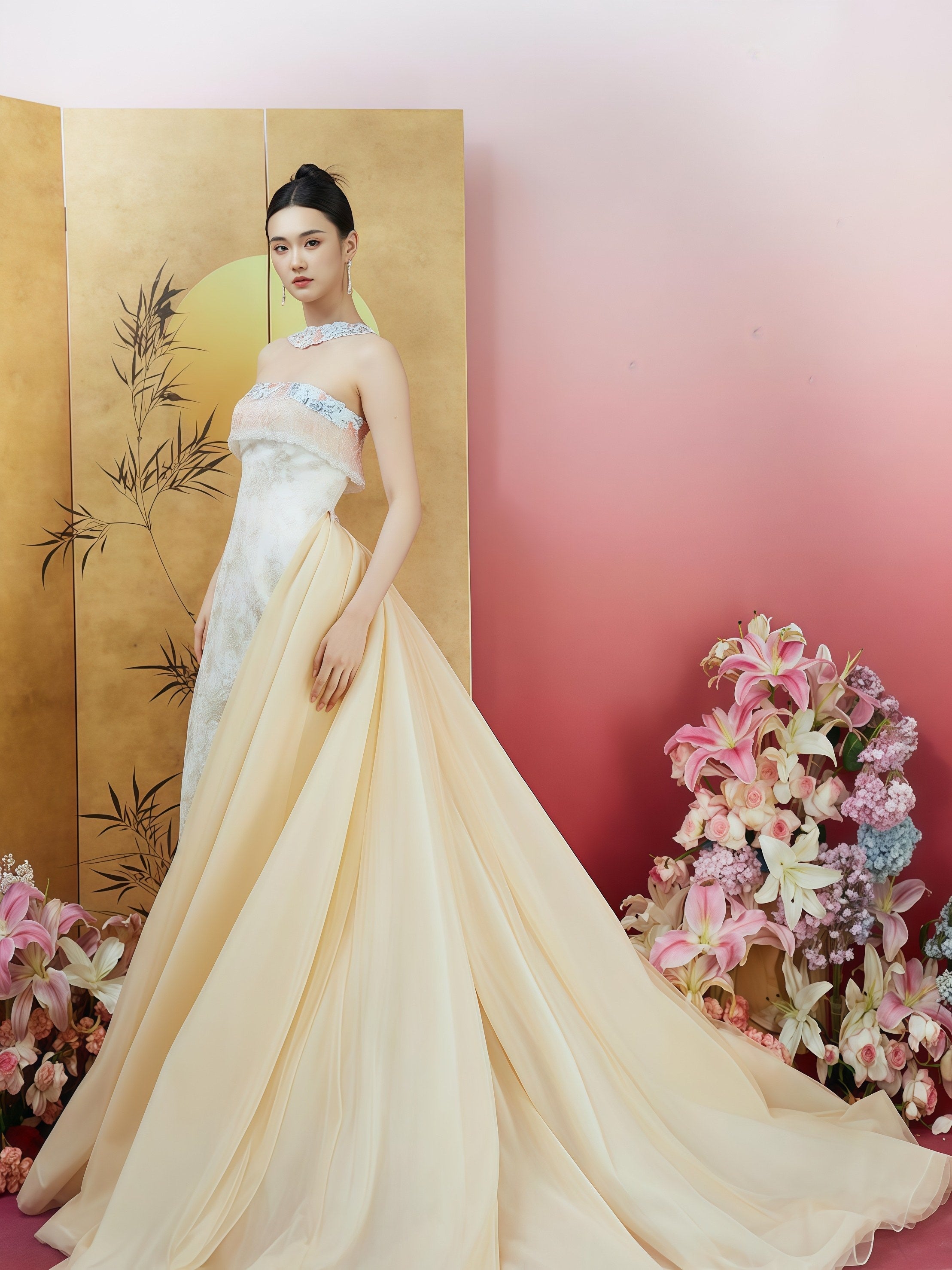 Ethereal Ivory Strapless Embroidered Gown with Detachable Flowing Train