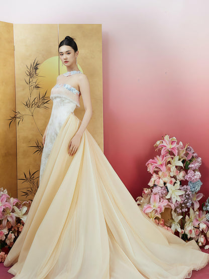 Ethereal Ivory Strapless Embroidered Gown with Detachable Flowing Train
