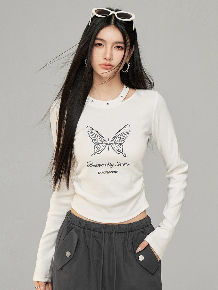 Butterfly Pleated Long Sleeve T-shirt