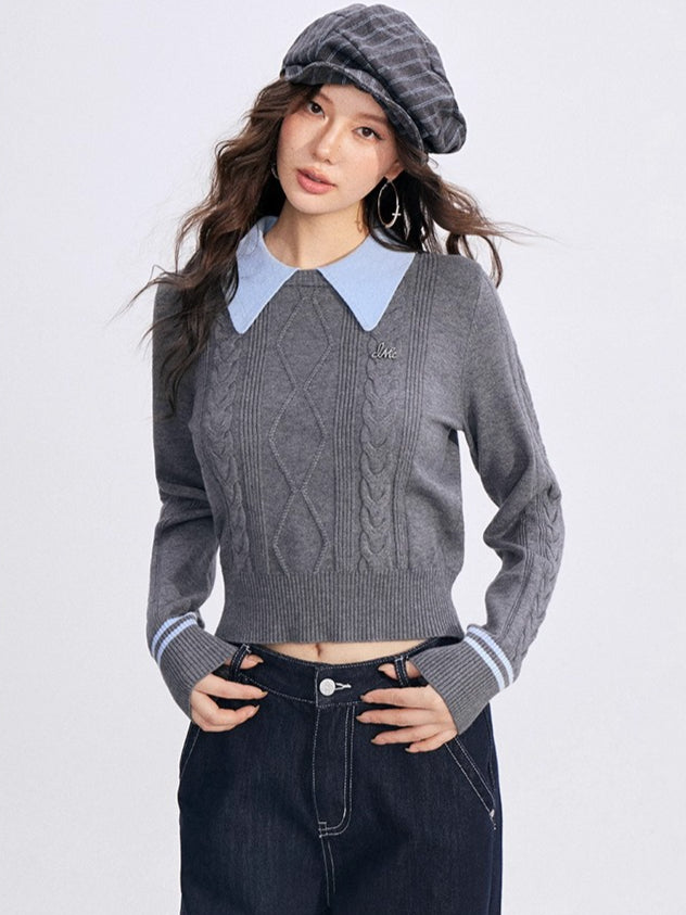 Contrast-Collar Cable-Knit Polo Sweater