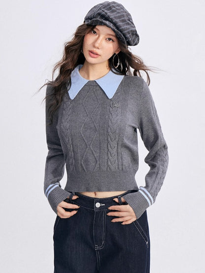 Contrast-Collar Cable-Knit Polo Sweater