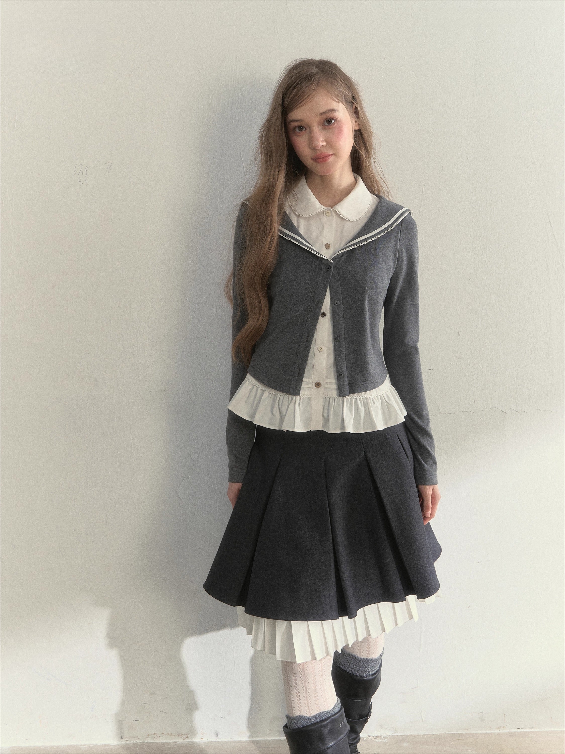 Sailor Collar Academia Style Layered Knit Blouse