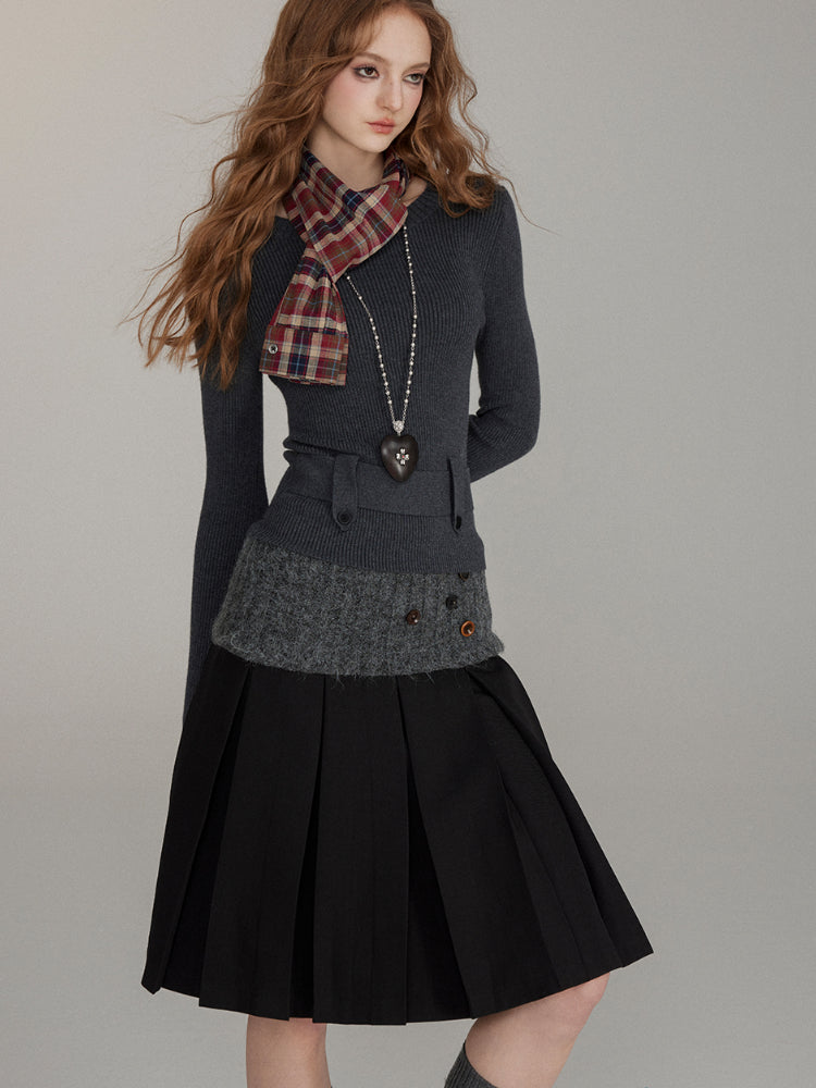 Patchwork Button Wool Pleated Skirt