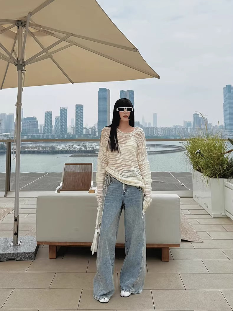 Asymmetric Tie-Detail Loop-Tab Denim Jeans