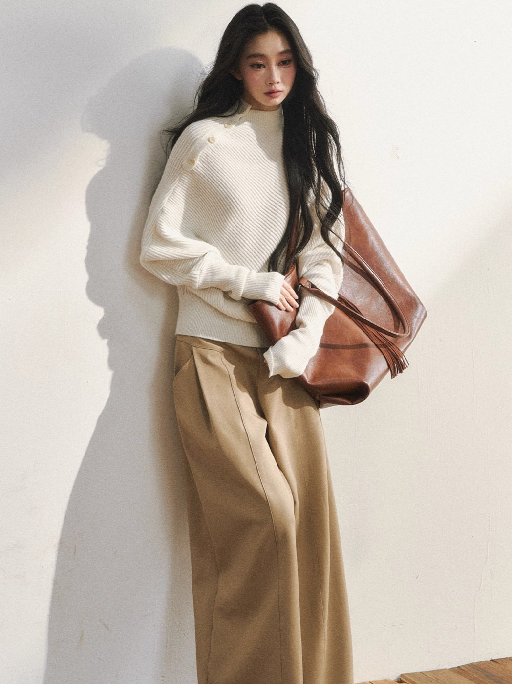 Asymmetric Buttoned White Knit Sweater