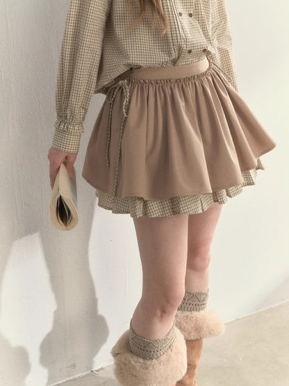 Retro Khaki Double-Layer Pleated Skirt