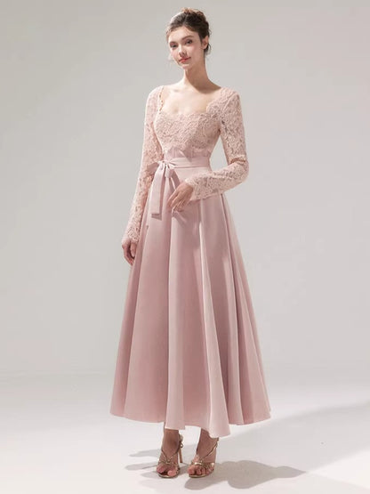 Lace Cinched-Waist Full-Skirt Evening Dress