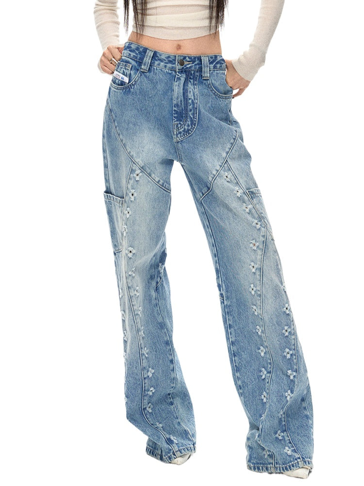 Distressed Wash Straight Jeans