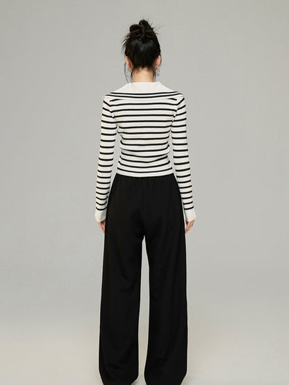 Black &amp; Off-white Knit Wide-Leg Pants