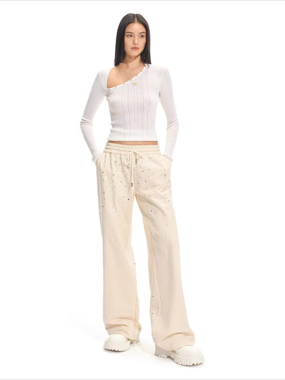 Gradient Rhinestone Cotton Knit Wide-Leg Pants