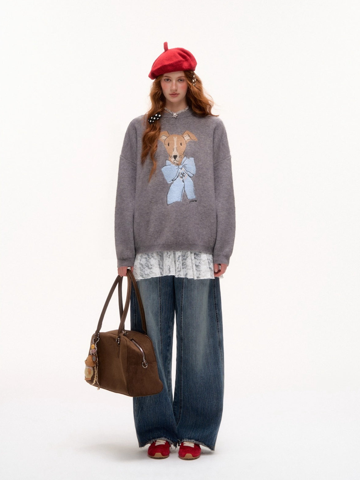 Bow-Knot Puppy Jacquard Pullover Crewneck - CHINASQUAD