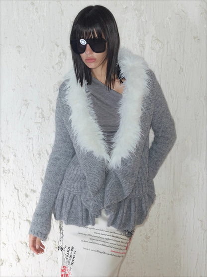 Oversized Wool-Collar Knit Cardigan Coat