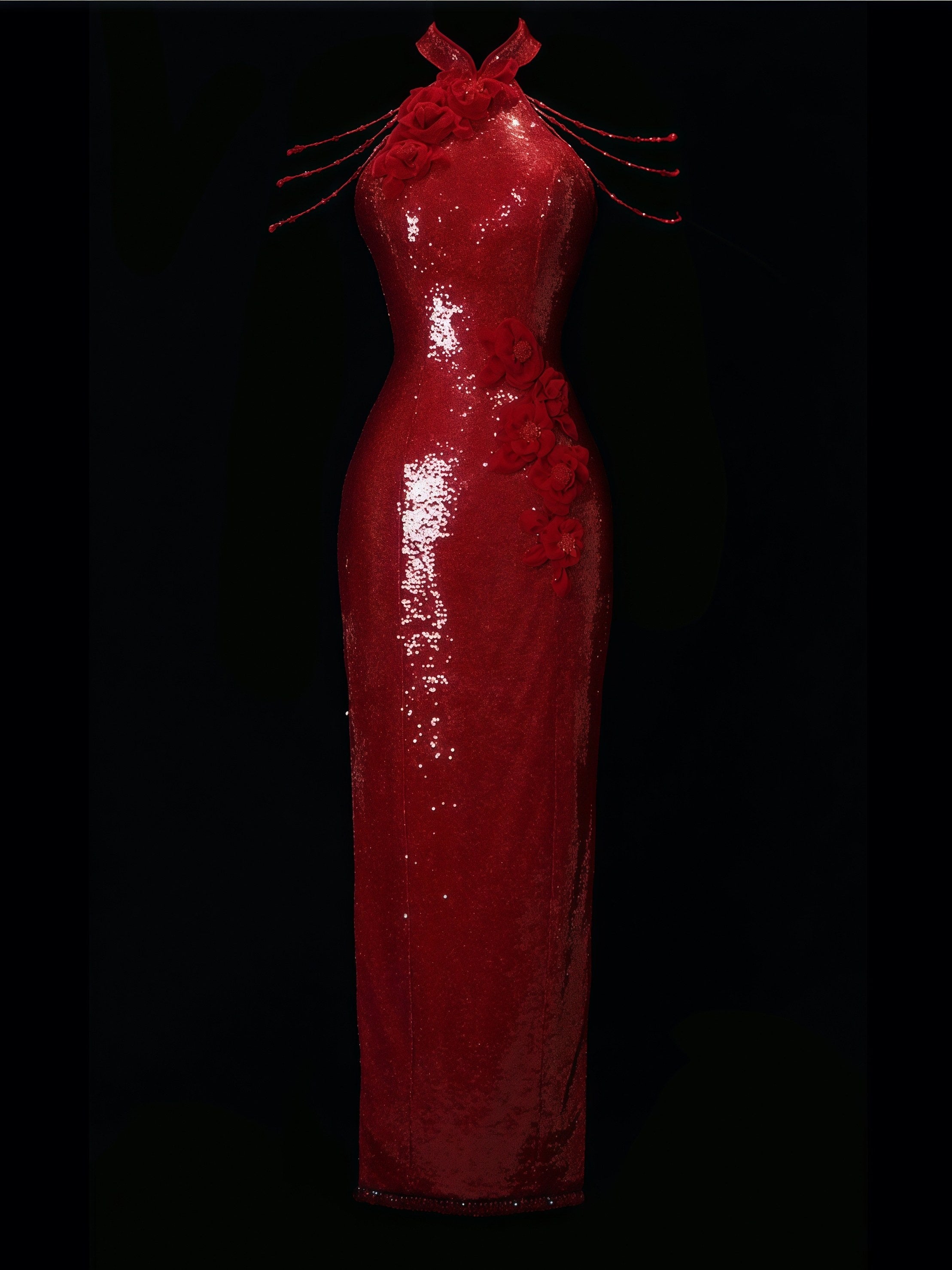 Scarlet Rosette Sequin Halter Gown