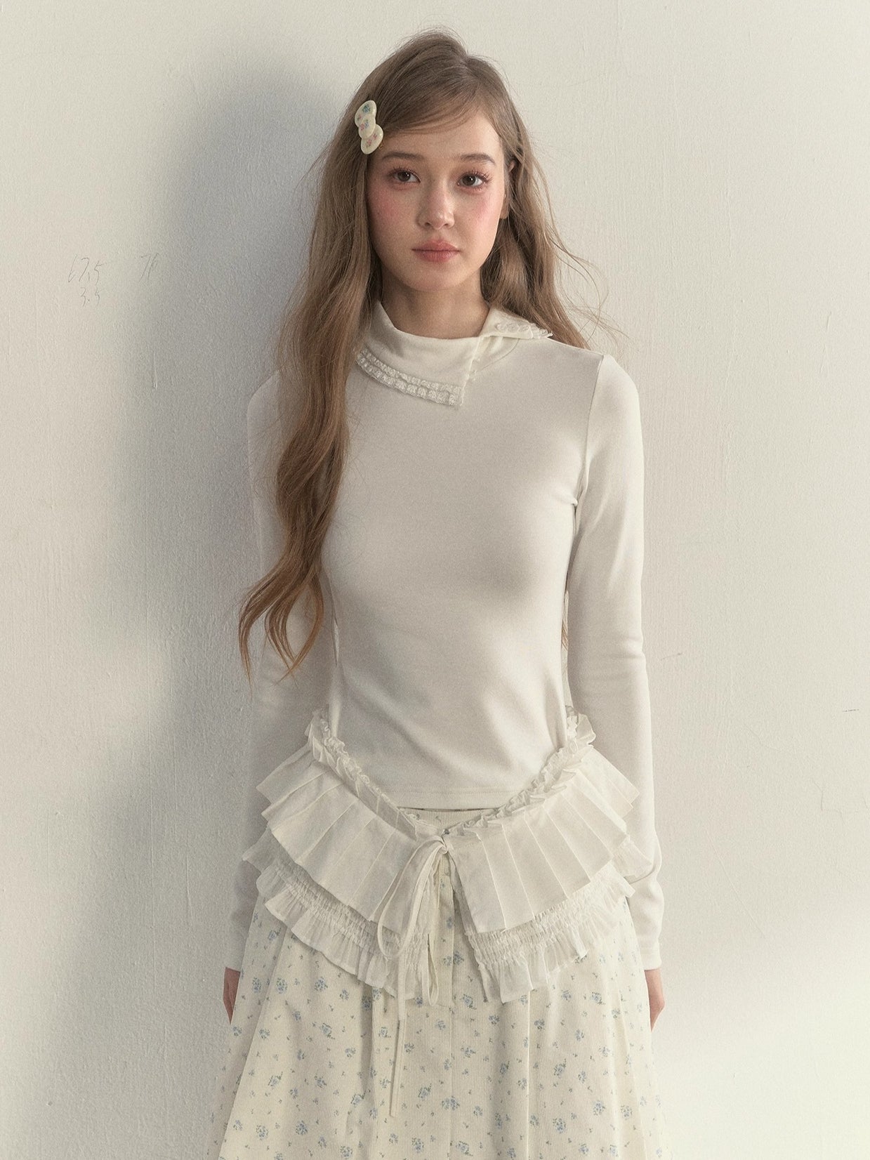 Layered Pleated Mock-Neck Knit T-Shirt