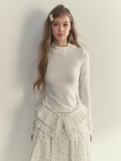 Layered Pleated Mock-Neck Knit T-Shirt