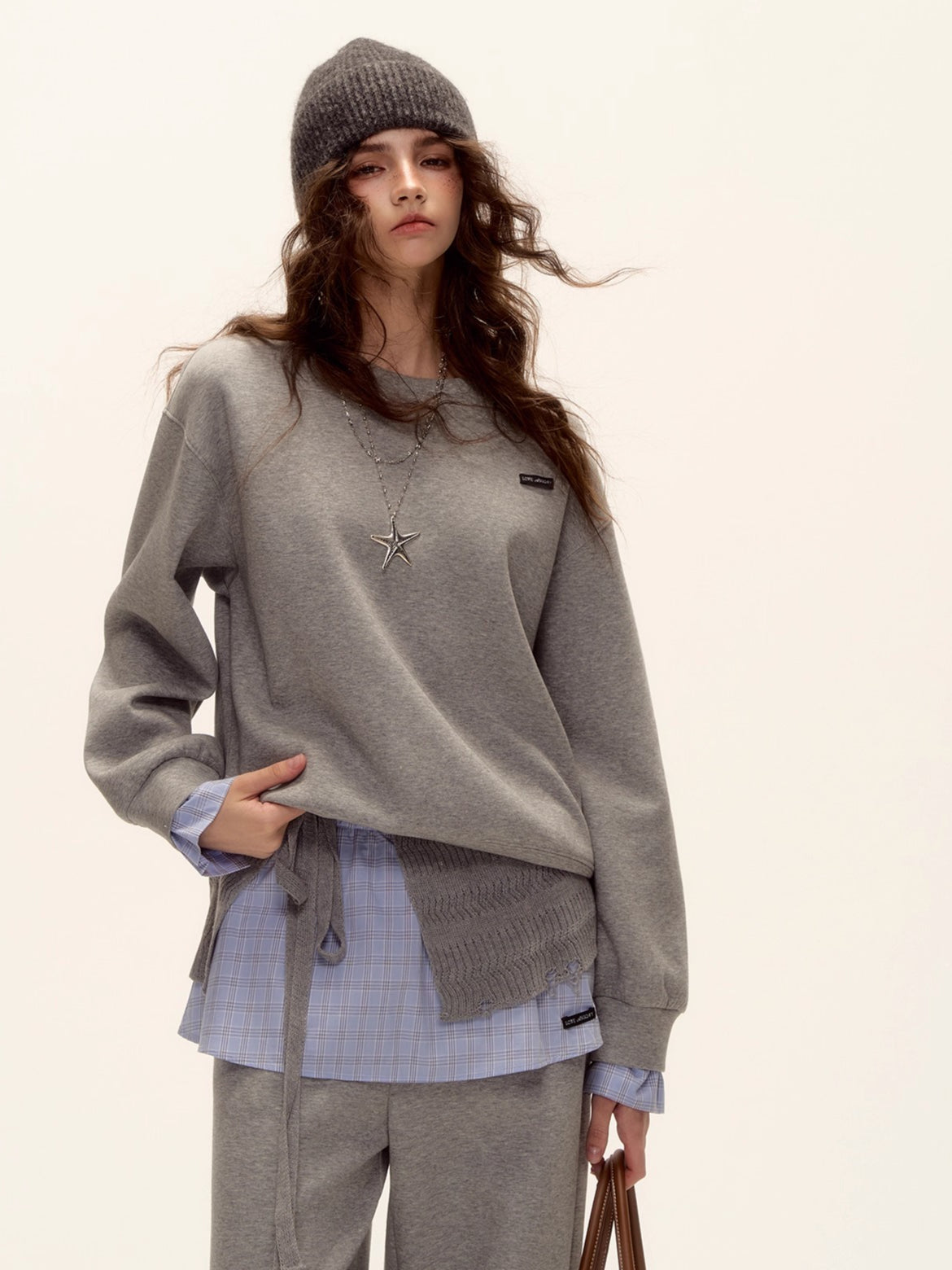 Patchwork Sweatshirt &amp; Curved-Hem Knit Pants Set