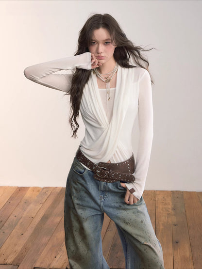 Draped Crossover Wool-Blend Asymmetric Blouse