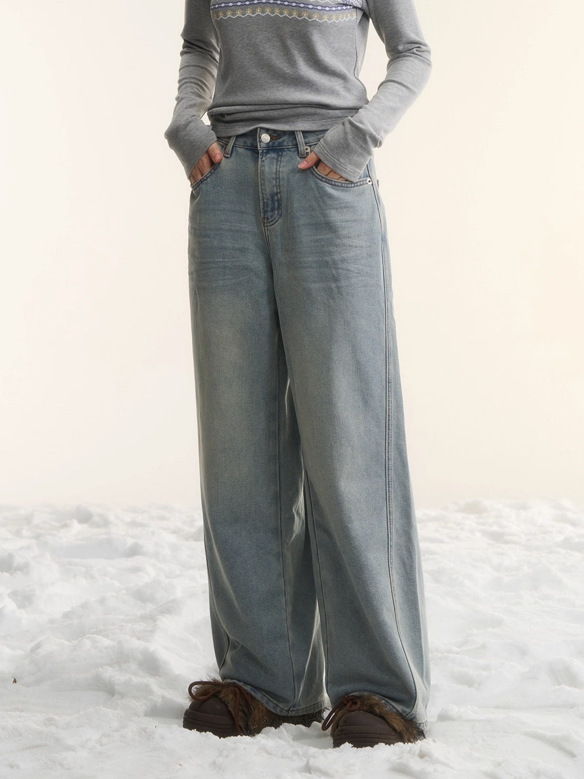 Washed Distressed Straight-Leg Denim Jeans