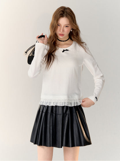 3D Bow Lace Trimmed Hem Long Sleeve T-shirt