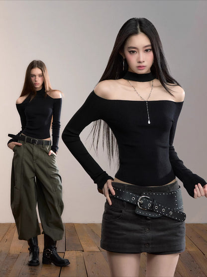 Reversible Cold-Shoulder Knit Turtleneck