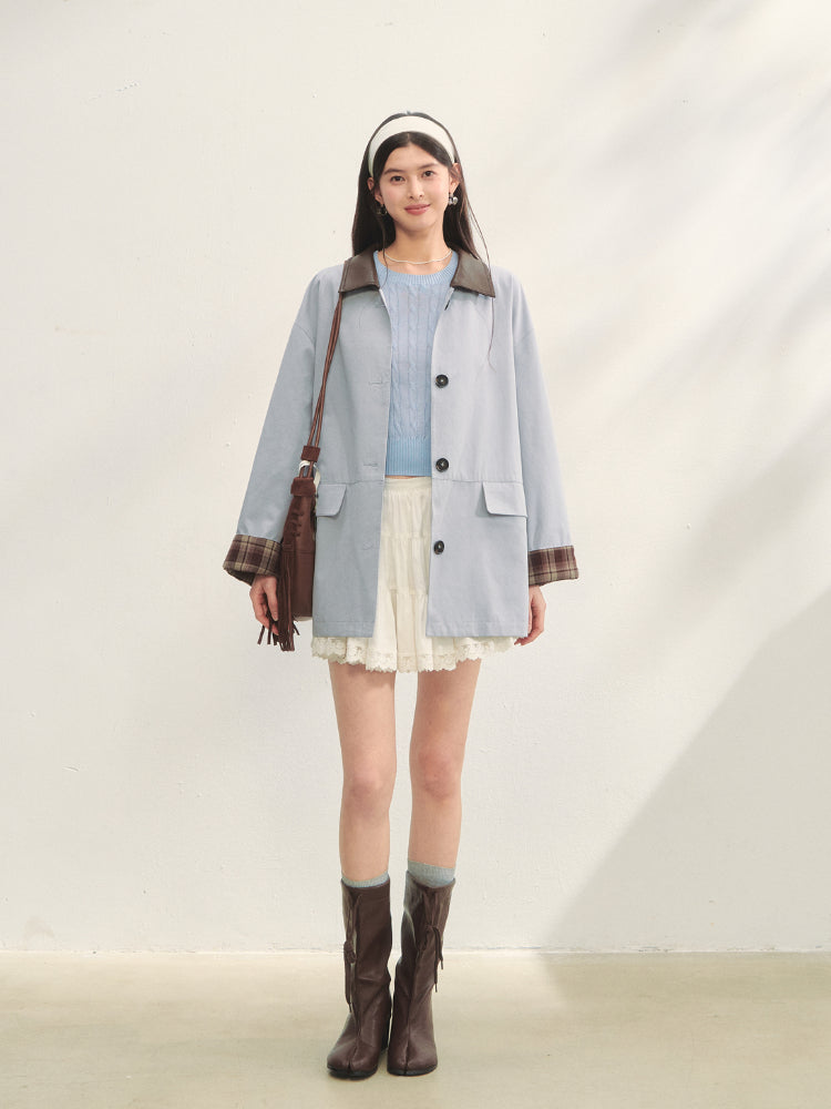 Plaid Patchwork Color-Block Trench Coat - CHINASQUAD