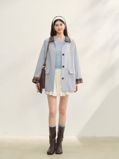 Plaid Patchwork Color-Block Trench Coat - CHINASQUAD
