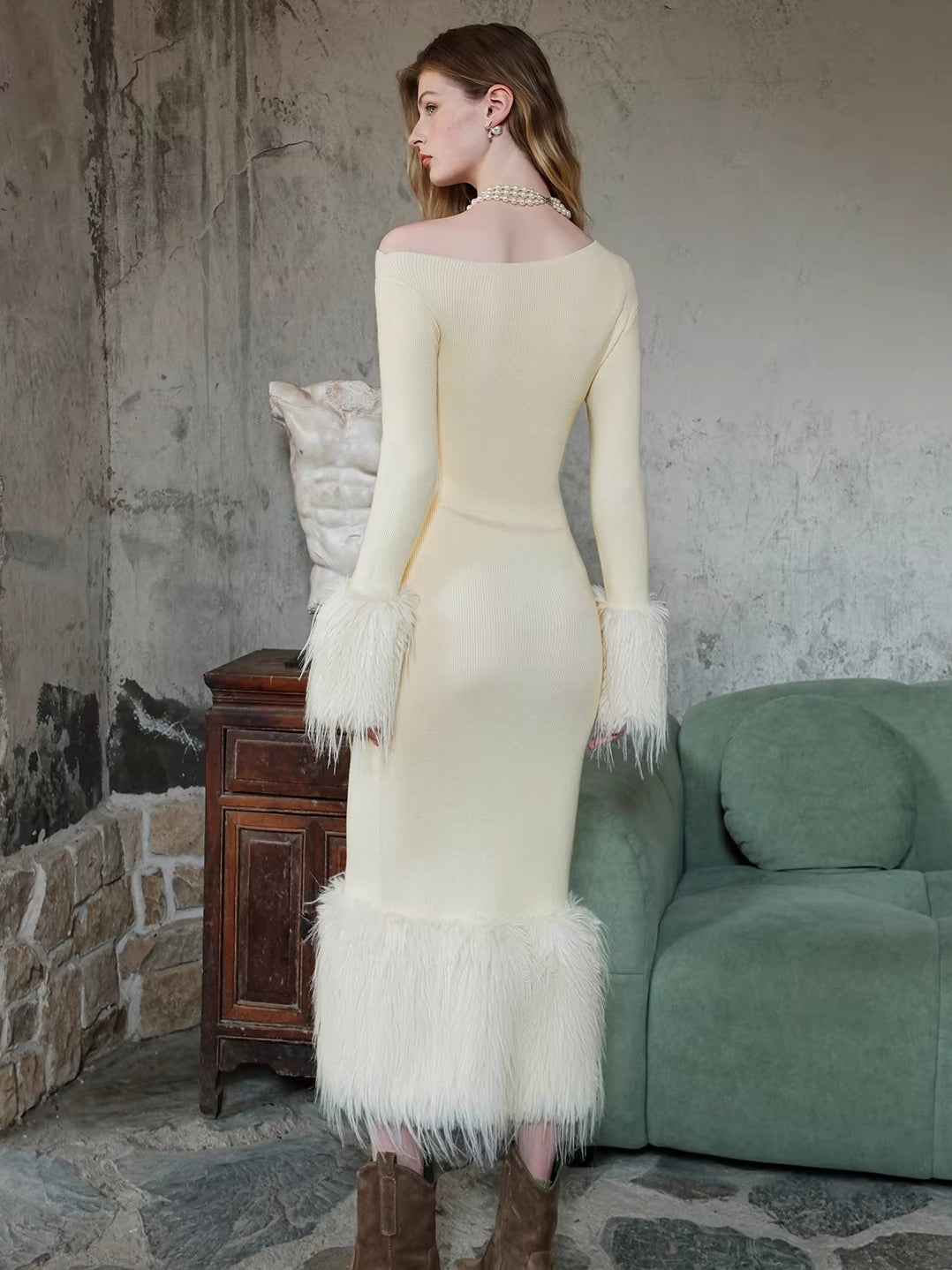 Vintage Off-Shoulder Knit Maxi Dress