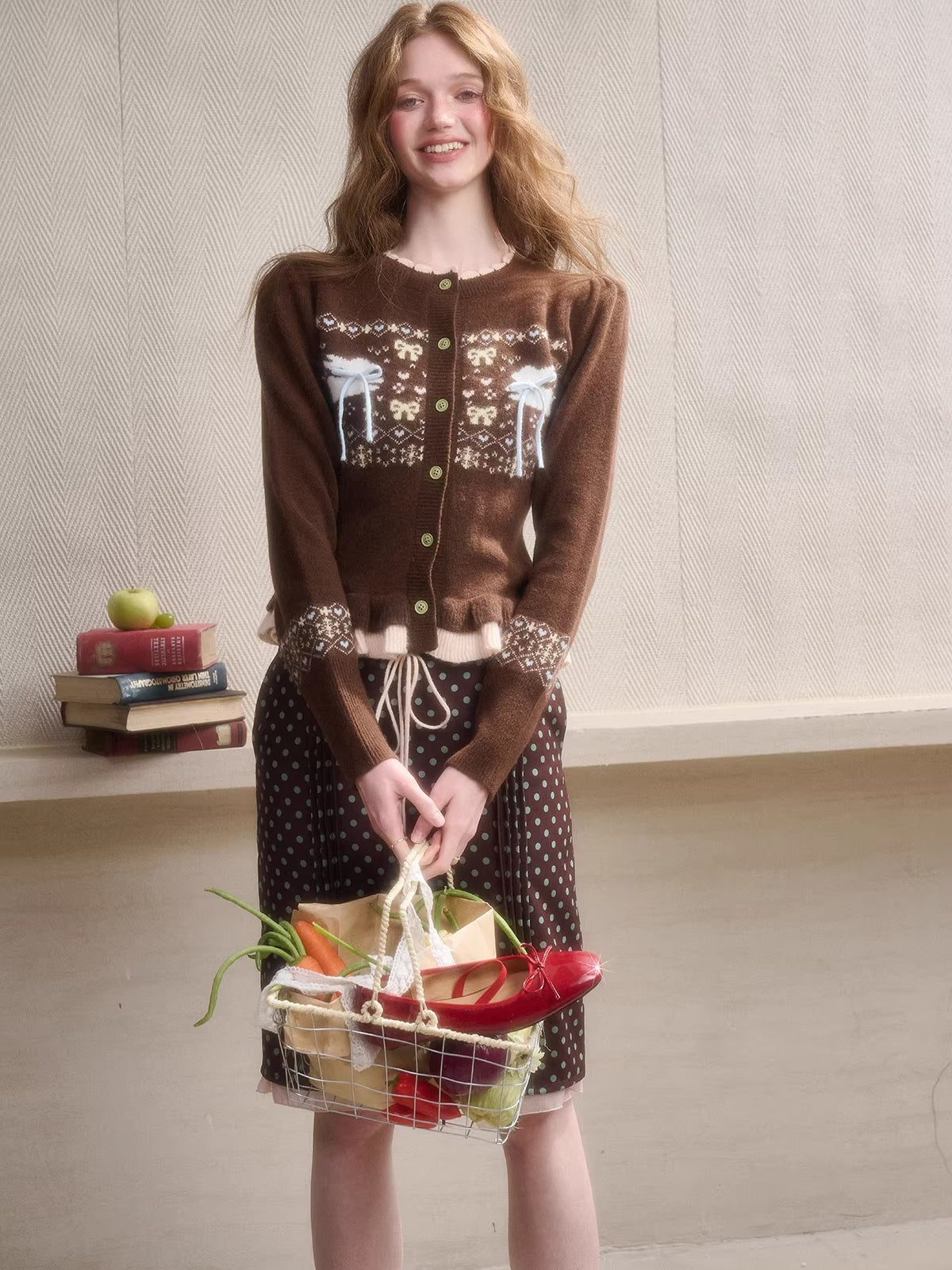 Fair Isle Knit Cardigan &amp; Polka Dot Skirt Set