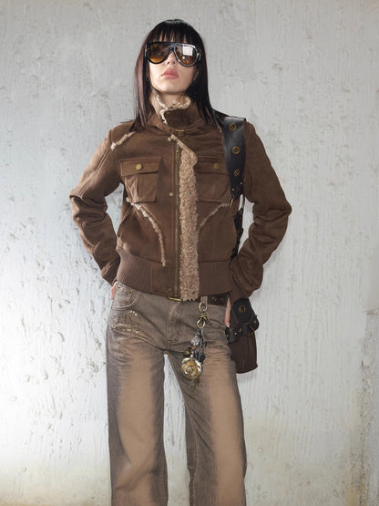 Faux Shearling Ribbed Short Jacket