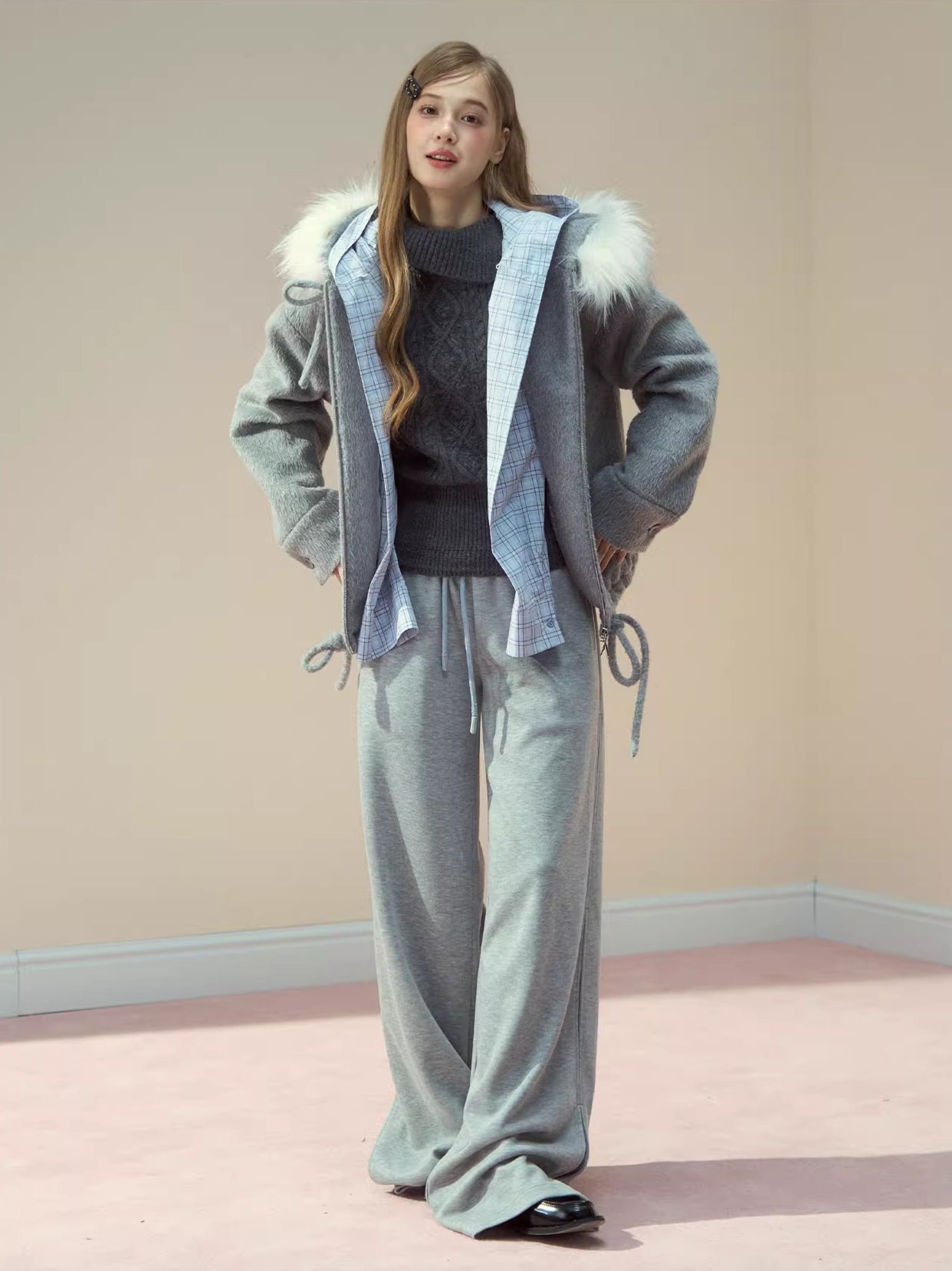 Plaid-Waist Straight Wool Trousers