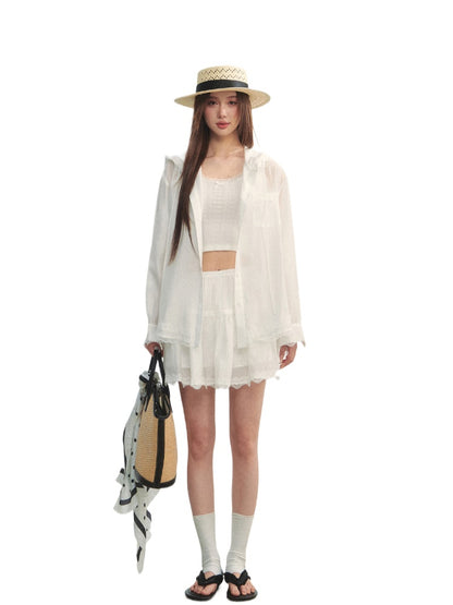 White Lace Panel Hooded Coat &amp; Skirt Set - CHINASQUAD