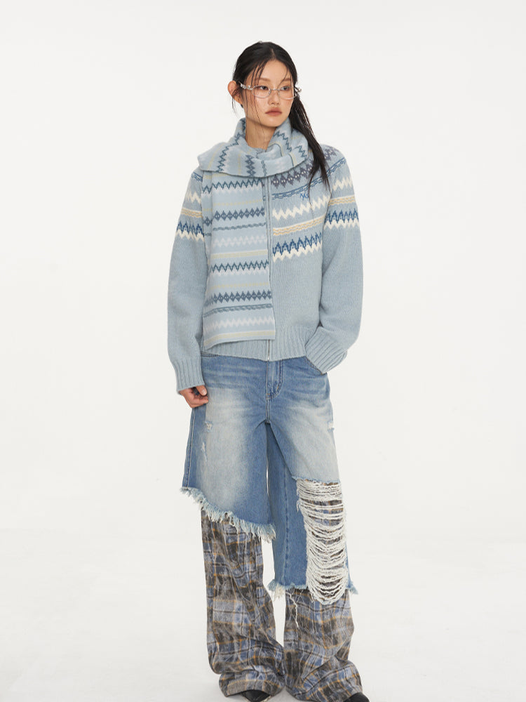 Dual-Layer Plaid Denim Pants