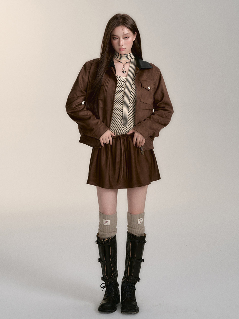 Faux Leather Thickened Cotton Coat &amp; Skirt Set