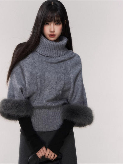 Cable-Knit Turtleneck Cape Sweater