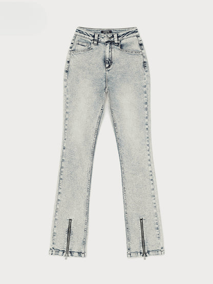 Rivet Biker Zipper Elastic Split Flare Jeans